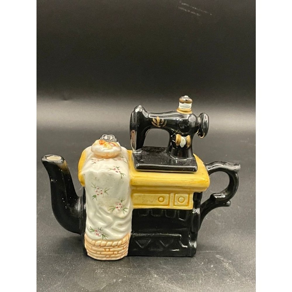 World Bazaar Black Gold  Sewing Machine Decorative TeaPot Length 6.25 Inches